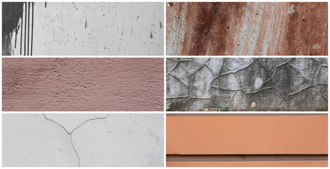 Wall texture set. Rough surfaces of the plastered and colored concrete walls with patterns of...