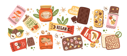 Muesli bars and fitness snacks. Natural protein snacks free from sugar and gluten. Granola with nuts, coconut, candied fruits and dried berries. Energy bar sticker for healthy lifestyle.