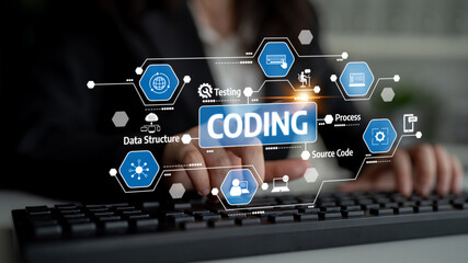 Visual representation of coding principles featuring hands on a keyboard with overlays of technology icons, emphasizing innovation and digital workflow in a professional environment. Tessel