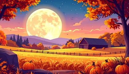 Autumnal Farm Scene at Night