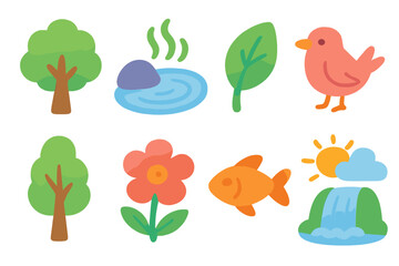 Playful nature icons collection with bright colors and soft textures