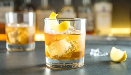 Iced cocktail with lemon peel garnish on a bar, liquor bottles blurred behind