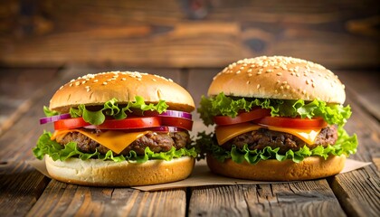 Two burgers with lettuce, tomato, onions and cheese on rustic wooden background
