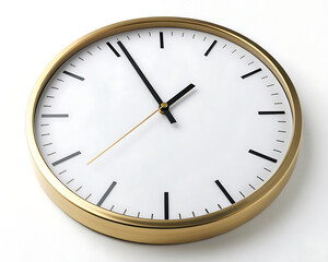 A close up of a gold framed clock with black hands and markings on a white background showing the time
