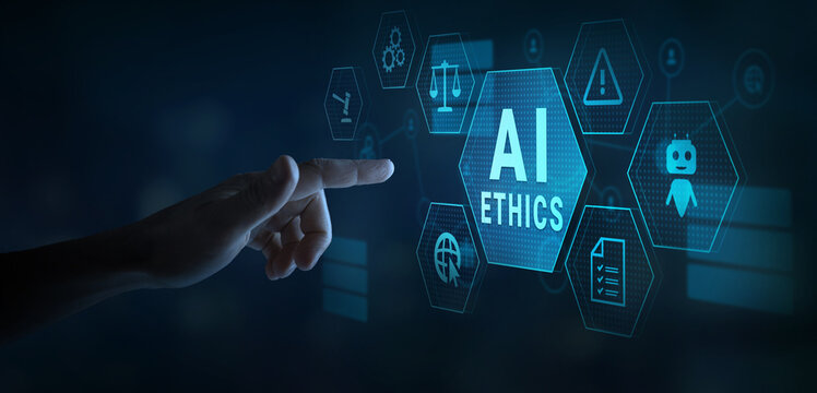 AI ethics concept on touchscreen. Ethical standards and regulations of AI technology.	 Law in artificial intelligence governance. - Powered by Adobe