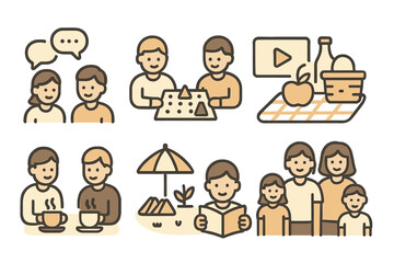 Family activities: conversation, exploration, and enjoyment in a warm cartoon style