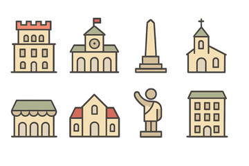 Minimalist icons of historical landmarks and buildings in warm tones