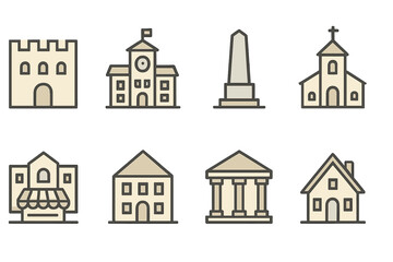Fototapeta premium Minimalistic icons of classic buildings and landmarks in linear style
