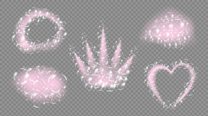 Isolated vector pink foam with soap bubbles in the shapes of a crown, heart, and circle. Cleaning and washing, hygiene and freshness. Suitable for detergent, shampoo, shower gel, or shaving product.