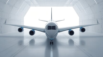 Fototapeta premium Modern Commercial Airplane in Futuristic Hangar – Head-On View