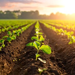 Young plants in a sunlit field
