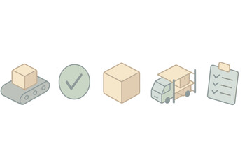 Production Workflow Icons. Isometric vector illustration set of production workflow icons: conveyor belt, quality checkmark,