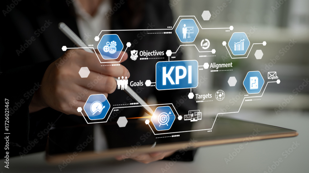Poster a business professional uses a digital tablet to analyze key performance indicators (kpi) while disc