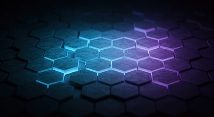 Abstract background featuring illuminated hexagonal tiles in shades of blue and purple, creating a futuristic and technological aesthetic.