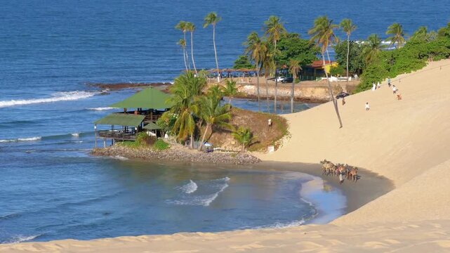 Beautiful view of the beach with palm trees and a restaurant in brazil