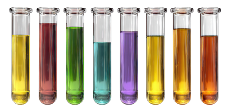 Set of laboratory test tubes with colorful liquids, isolated on transparent cutout background
