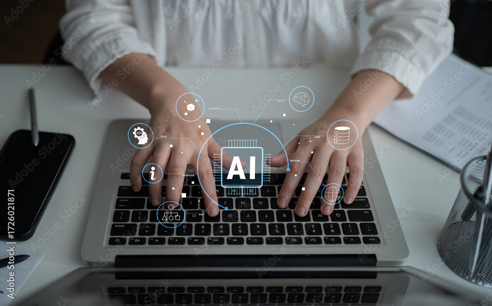Poster artificial intelligence (ai) as a core technology. a concept of an ai ecosystem powering data analys