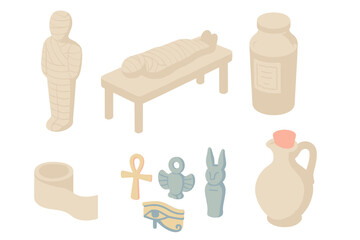Mummification Process Icons. Isometric vector illustration set Mummification process elements: wrapped mummy figure, embalming