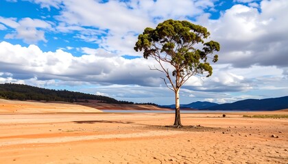 Lone tree amidst a dried-up landscape under a partly cloudy sky