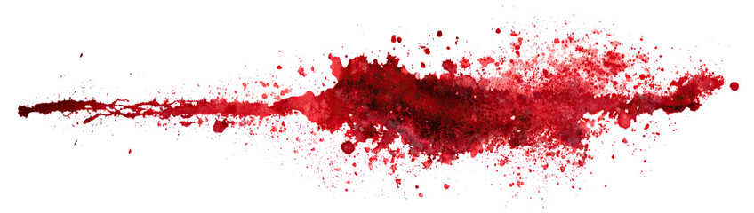 Red blood stain with splatter and drops, isolated on transparent cutout background