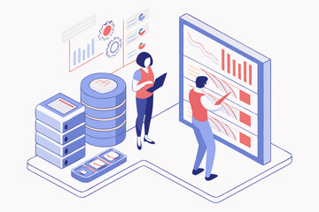 Data analysis set. Collection of characters using artificial intelligence generative tools to analyze, collecting, managing datasets. Analytics concept. Vector illustration.