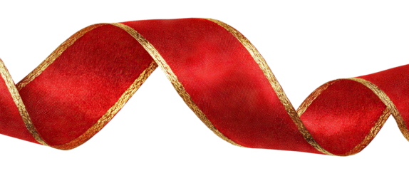 Red waving ribbon with gold trim, isolated on transparent cutout background