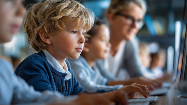 Young schoolchildren coding on computers in a science classroom, guided by a teacher for modern education, kids programming classroom, teacher coding lesson, elementary school soft