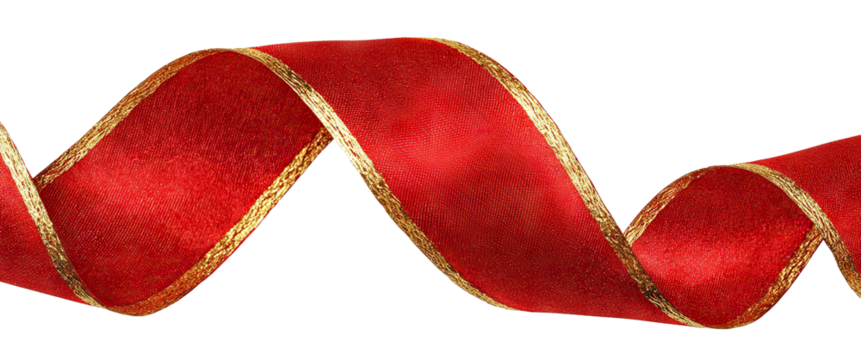 Red waving ribbon with gold trim, isolated on transparent cutout background