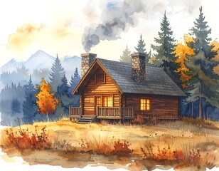 Watercolor cabin in autumn mountains