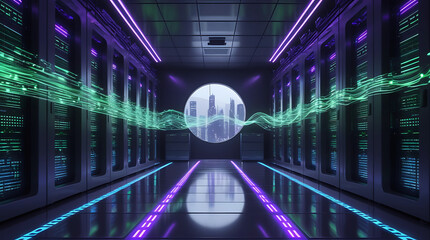 Futuristic server room with glowing data streams and central orb