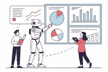 Data analysis set. Collection of characters using artificial intelligence generative tools to analyze, collecting, managing datasets. Analytics concept. Vector illustration.