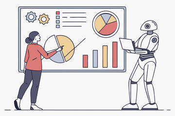 Data analysis set. Collection of characters using artificial intelligence generative tools to analyze, collecting, managing datasets. Analytics concept. Vector illustration.