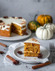 Generated image. Pumpkin spice cake with white frosting. autumn vibes. Organic