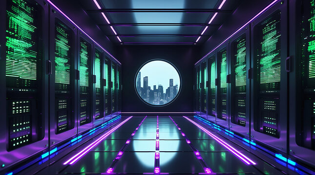 Futuristic server room with neon lights and cityscape view