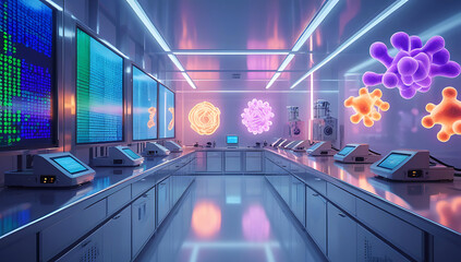 Futuristic laboratory with glowing screens and virus models