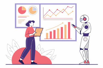 Data analysis set. Collection of characters using artificial intelligence generative tools to analyze, collecting, managing datasets. Analytics concept. Vector illustration.