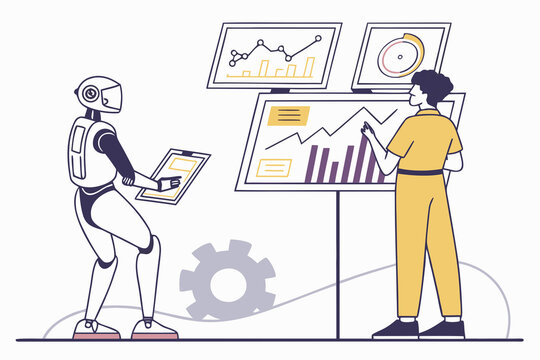 Data analysis set. Collection of characters using artificial intelligence generative tools to analyze, collecting, managing datasets. Analytics concept. Vector illustration.