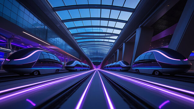 Futuristic train station with neon lights and modern architecture