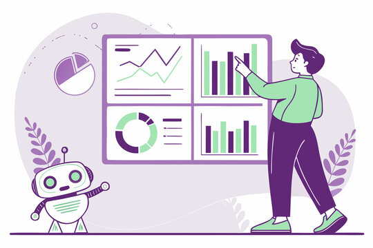 Data analysis set. Collection of characters using artificial intelligence generative tools to analyze, collecting, managing datasets. Analytics concept. Vector illustration.