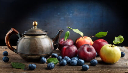 Still Life Of Ripe Plums Apples And Blueberries Displayed On A Weathered Wooden Table With A Vintage Teapot