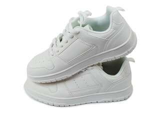 Pair of white brand new sport style shoes on white background. Simple casual footwear.