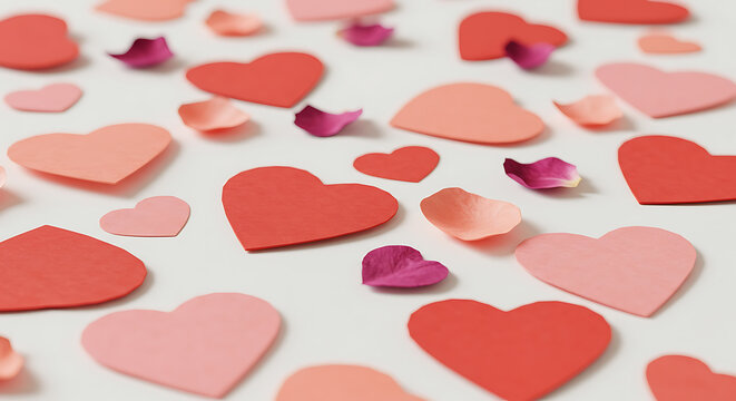 A close-up view of numerous red and pink paper hearts scattered on a white surface, interspersed with small rose petals, creating a romantic and festive background.