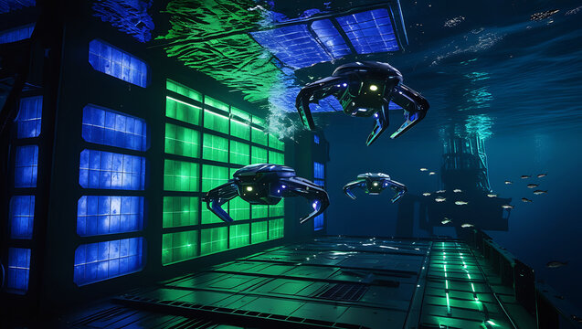 Futuristic robot spider creature in a dark neon lit corridor