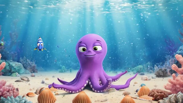 Purple octopus juggling shells in the ocean with coral and fish swimming around in cartoon style