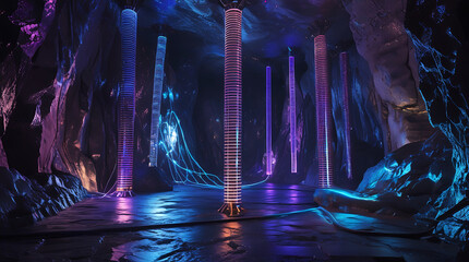 Mystical cave with glowing pillars and otherworldly reflections