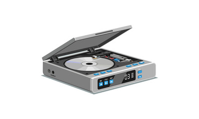 Obraz premium A retro silver portable compact disc player with its lid open, revealing a CD inside.