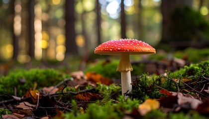 Poisonous mushroom in forest floor