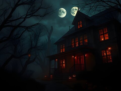 Haunted House Halloween with Red Windows and Two Moons