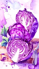 Watercolor red cabbage slices