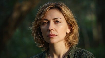 Contemplative Woman in Nature: A Portrait of Strength and Serenity